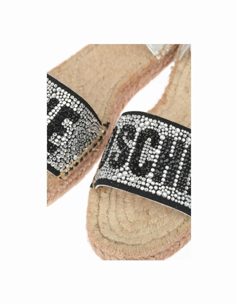 Rhinestone Logo Leather Ankle Strap Sandals Women - Silver