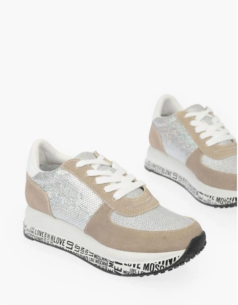 Sequin-Embellished Leather Lace-Up Sneakers Women - Beige
