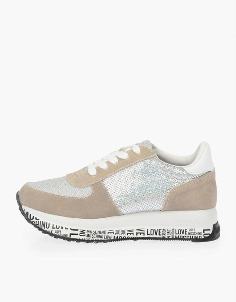 Sequin-Embellished Leather Lace-Up Sneakers Women - Beige