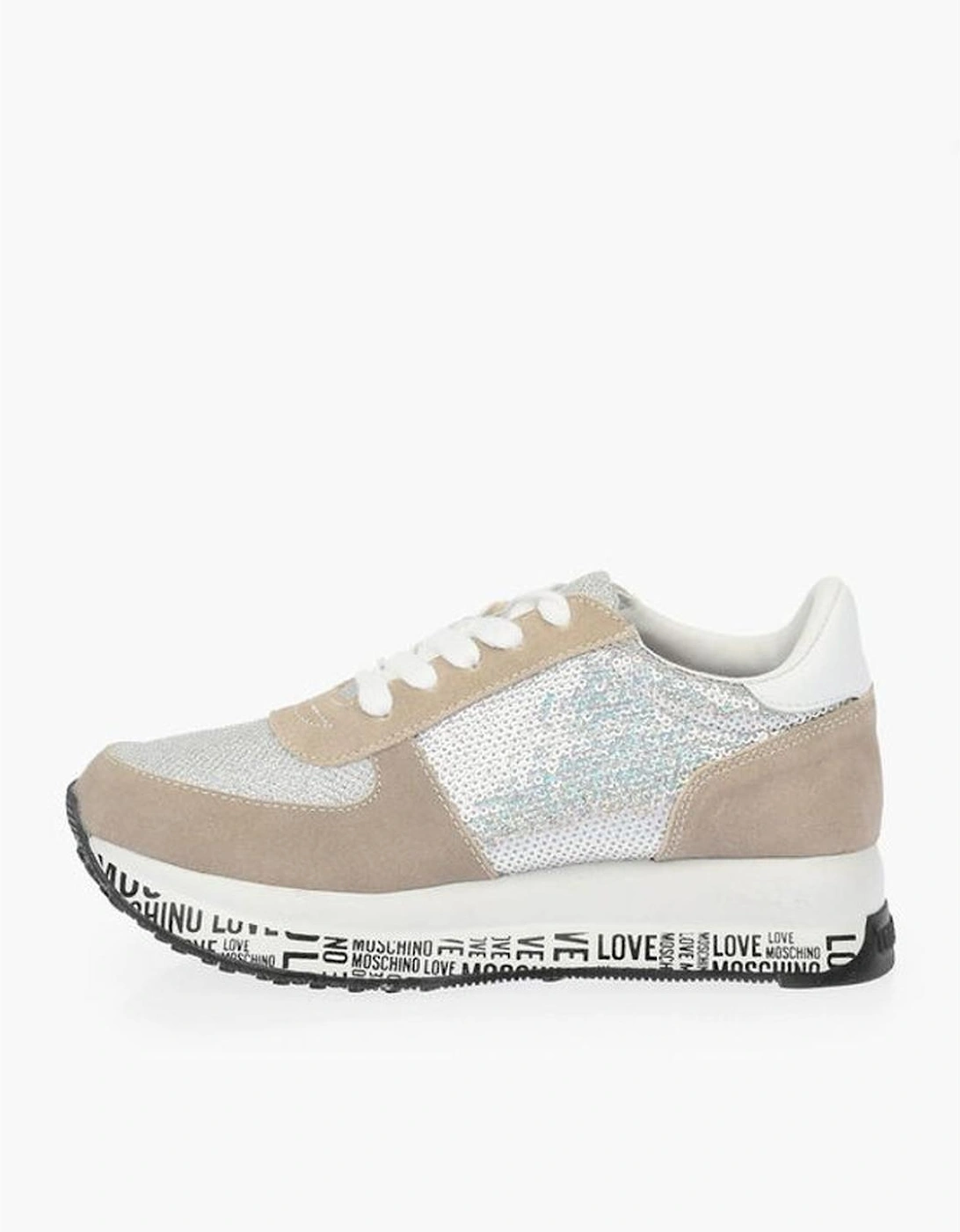 Sequin-Embellished Leather Lace-Up Sneakers Women - Beige