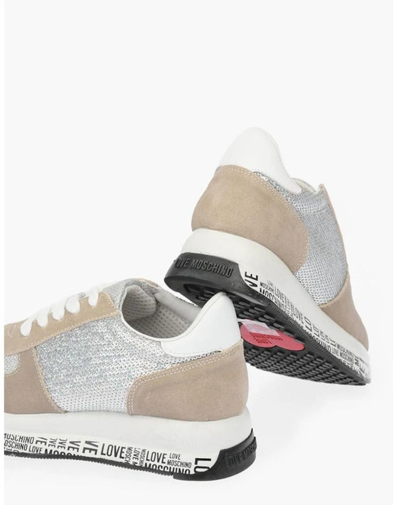 Sequin-Embellished Leather Lace-Up Sneakers Women - Beige