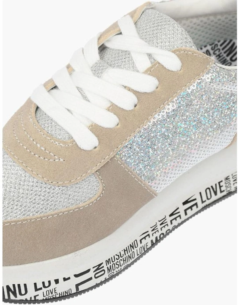 Sequin-Embellished Leather Lace-Up Sneakers Women - Beige
