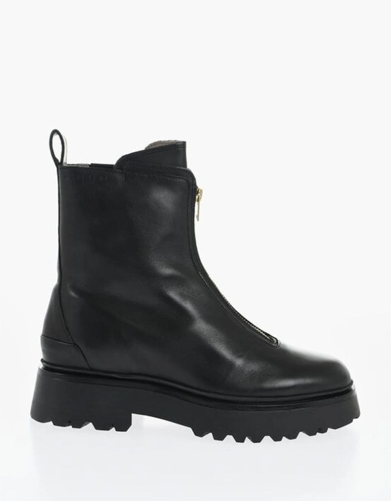 Leather Round Toeline Zip-Up Shoes Women - Black Boots
