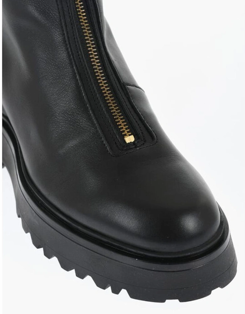 Leather Round Toeline Zip-Up Shoes Women - Black Boots