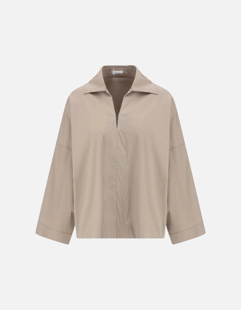 Wide Shirt with Jewel-Embellished V-Neck Women - Beige