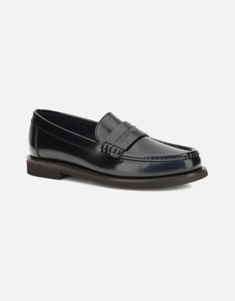 Leather Loafers with Shiny Jewel Horsebit Women - Black Flat Shoes