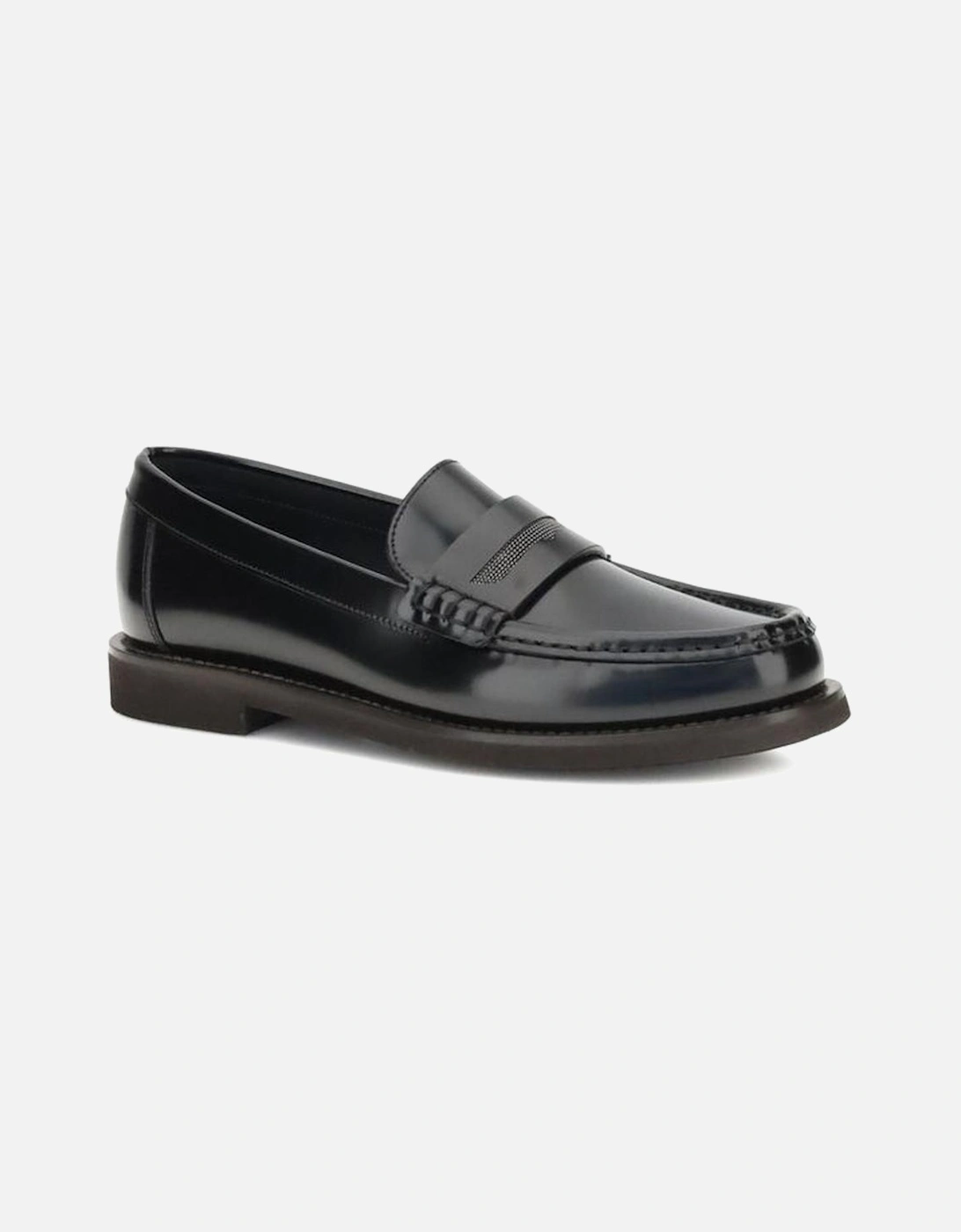 Leather Loafers with Shiny Jewel Horsebit Women - Black Flat Shoes