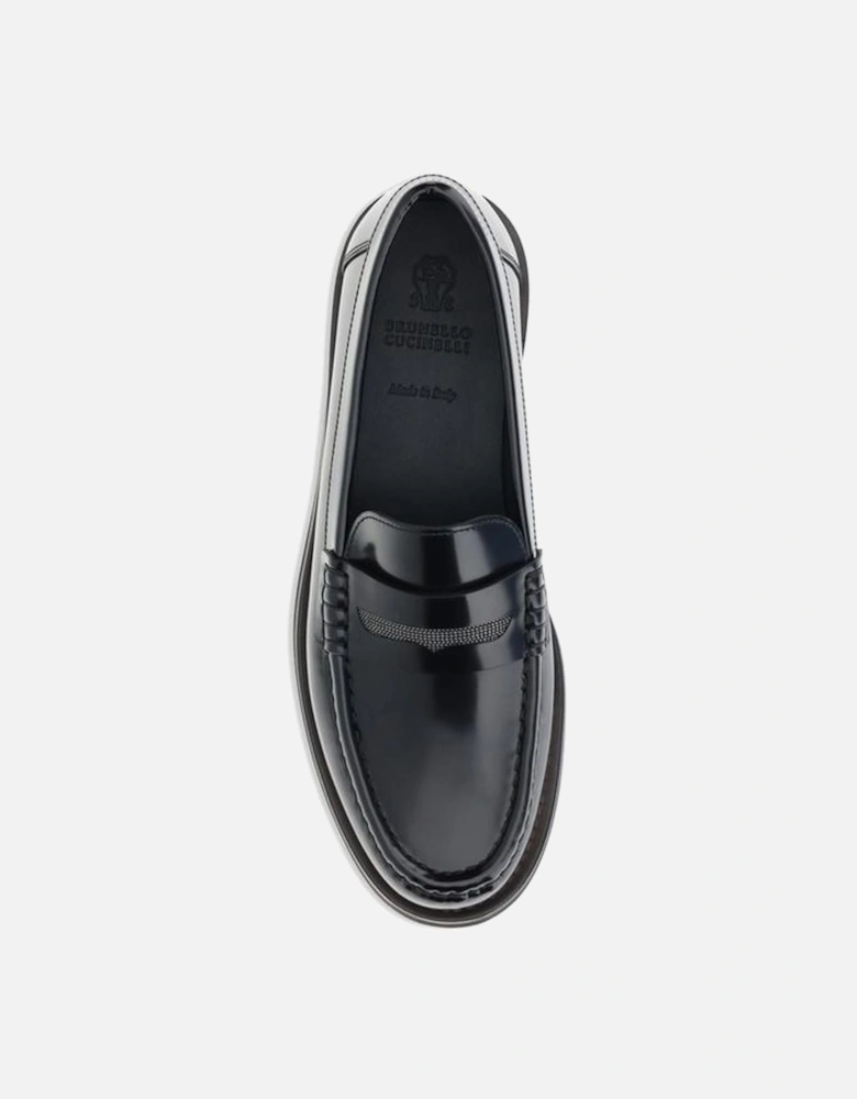 Leather Loafers with Shiny Jewel Horsebit Women - Black Flat Shoes
