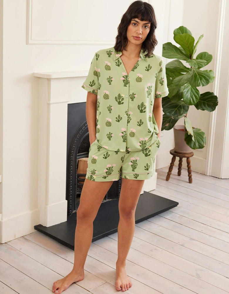 V Neck Button Up Short Pyjama Set - Detailed Cacti Print