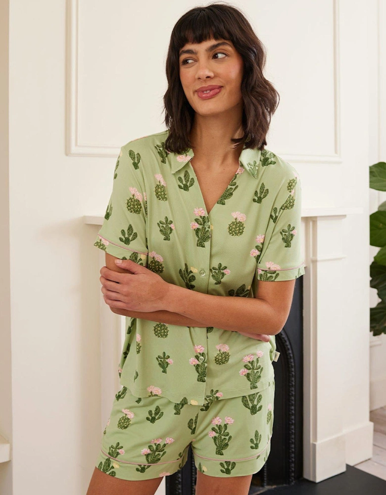 V Neck Button Up Short Pyjama Set - Detailed Cacti Print