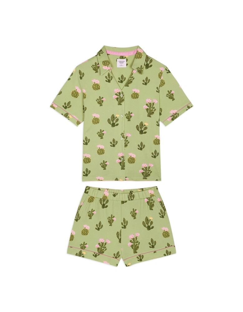 V Neck Button Up Short Pyjama Set - Detailed Cacti Print