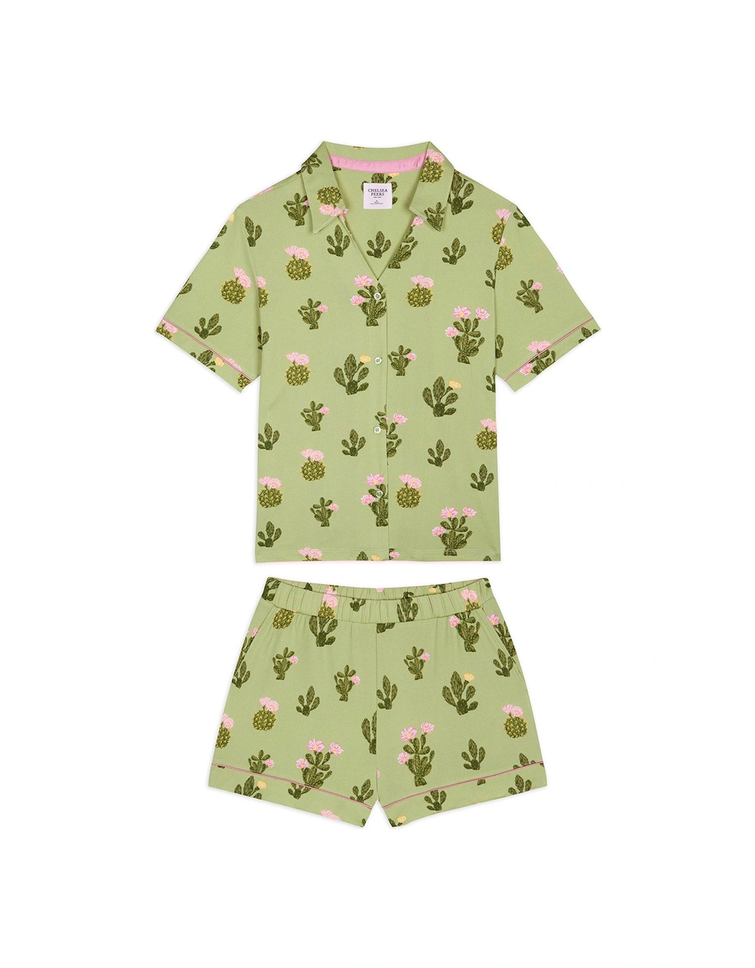 V Neck Button Up Short Pyjama Set - Detailed Cacti Print