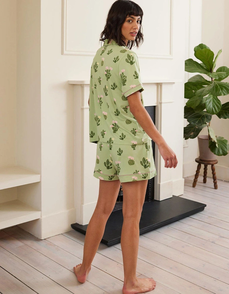 V Neck Button Up Short Pyjama Set - Detailed Cacti Print