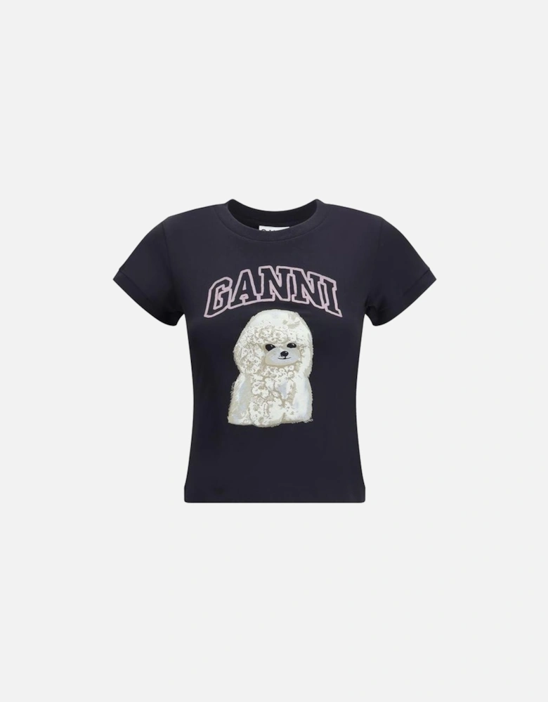 Poodle Print Cotton T-Shirt with Ribbed Crew Neck Women - Black