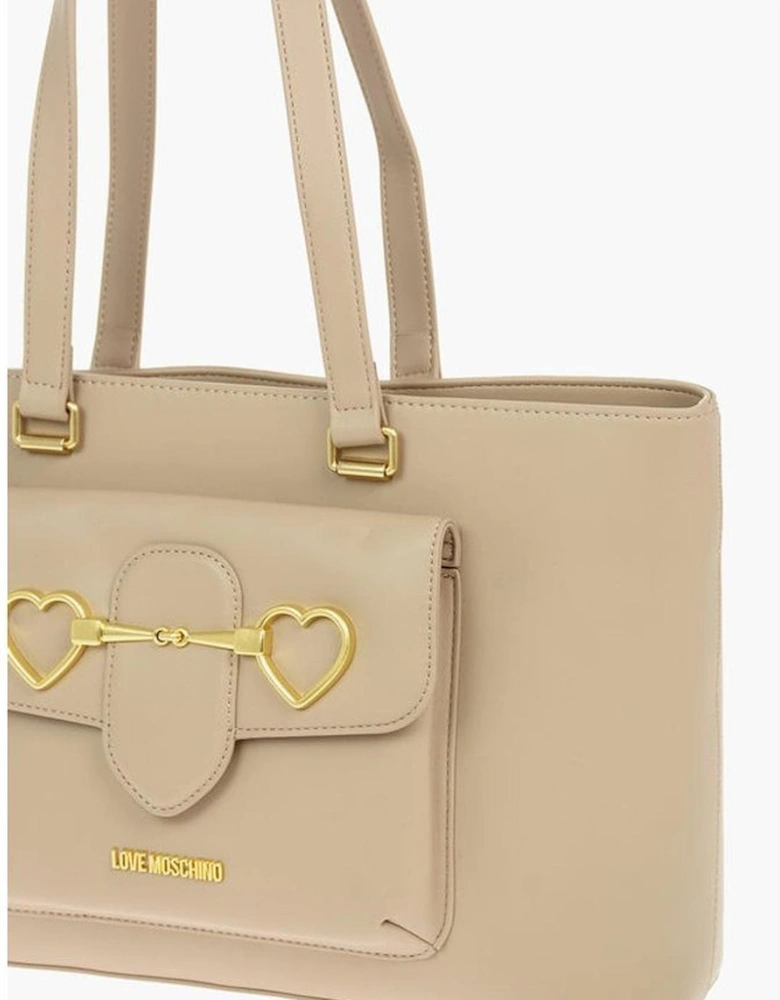Metal Logo Double Handle Shoulder Bag Women - Beige Tote Bags