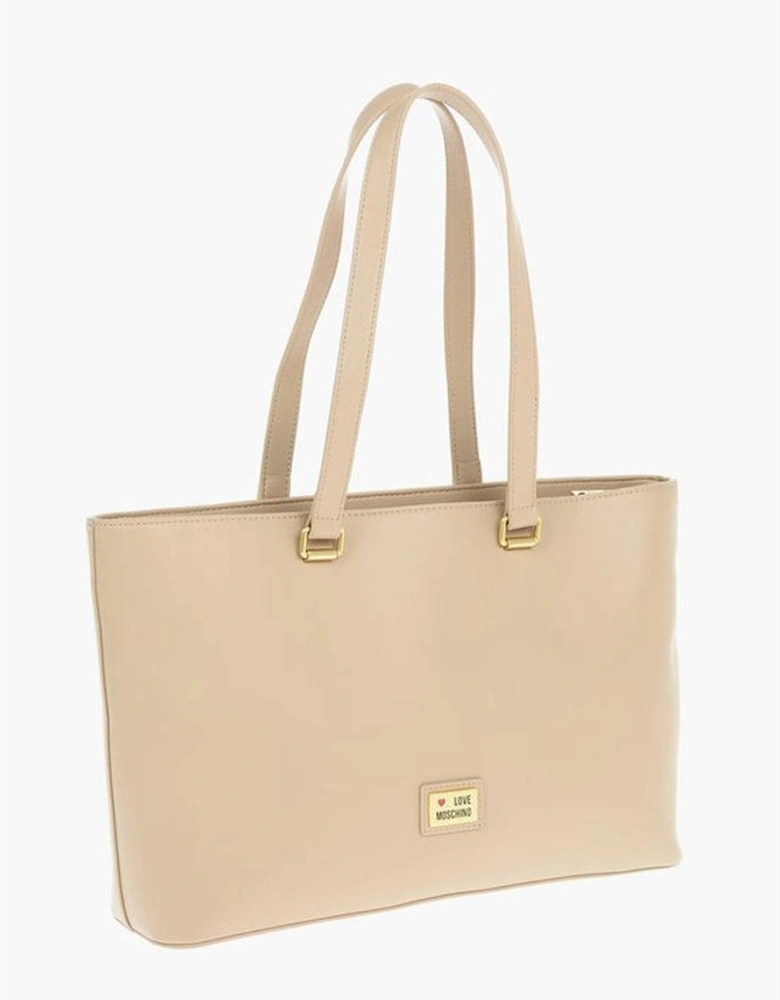 Metal Logo Double Handle Shoulder Bag Women - Beige Tote Bags