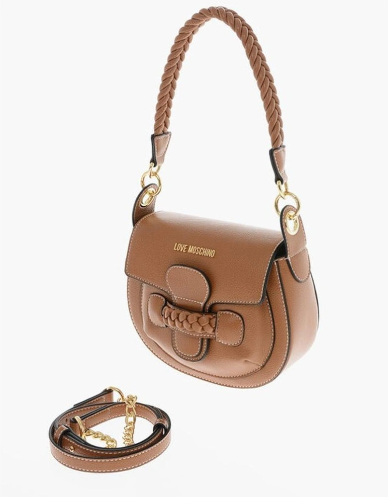 Metal Snap Button Closure Eco-Leather Shoulder Bag Women - Brown