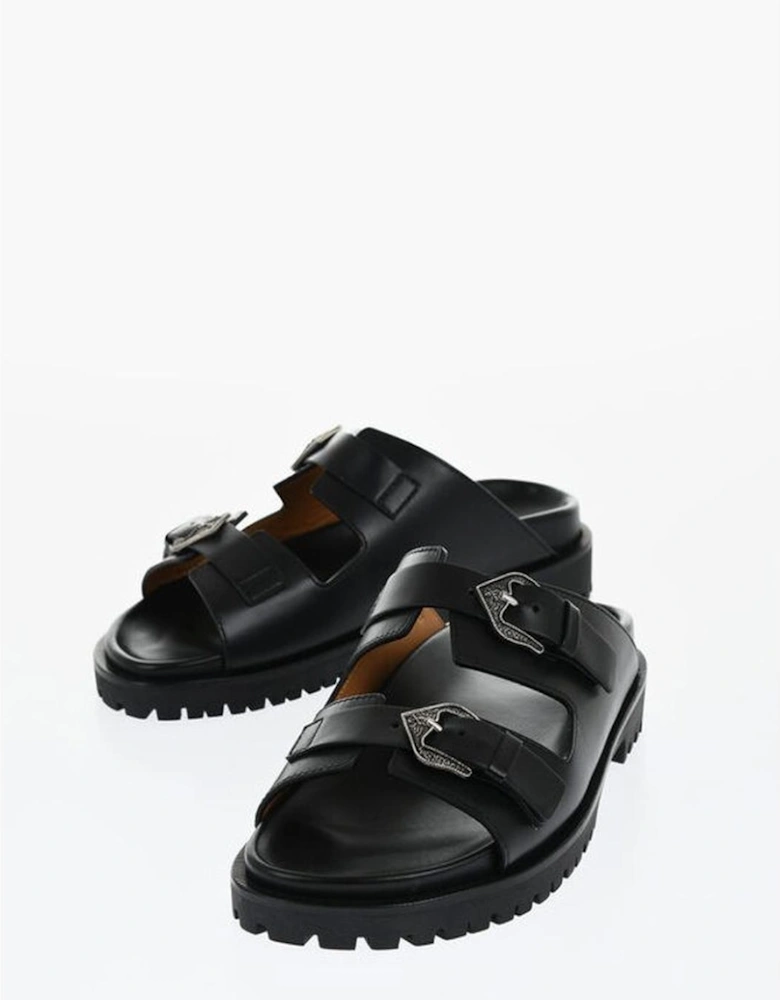 Leather Slip-On Shoes with Rubber Sole Women - Black Sandals