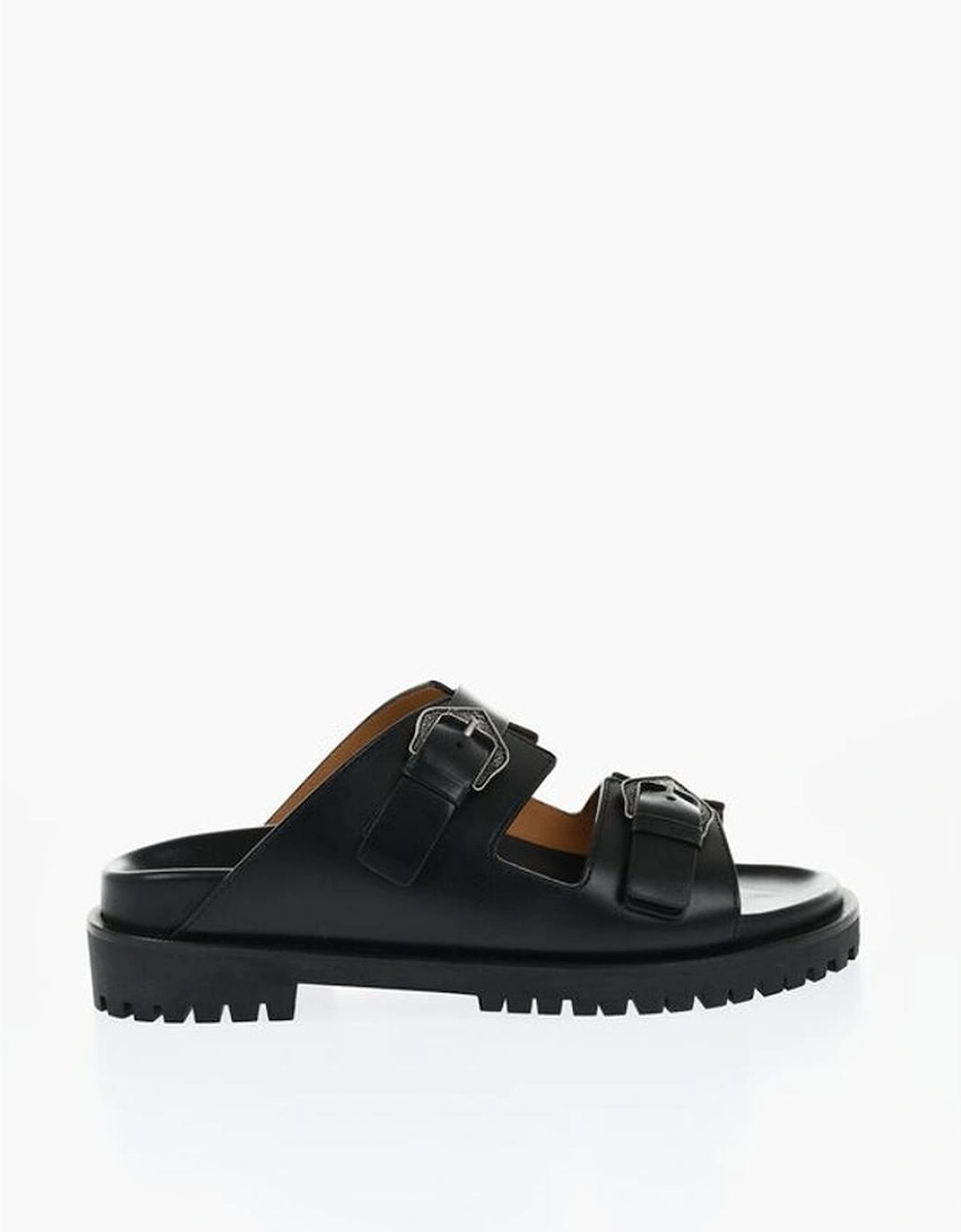 Leather Slip-On Shoes with Rubber Sole Women - Black Sandals