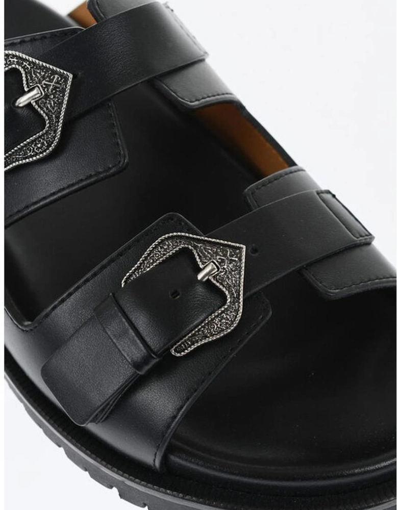 Leather Slip-On Shoes with Rubber Sole Women - Black Sandals