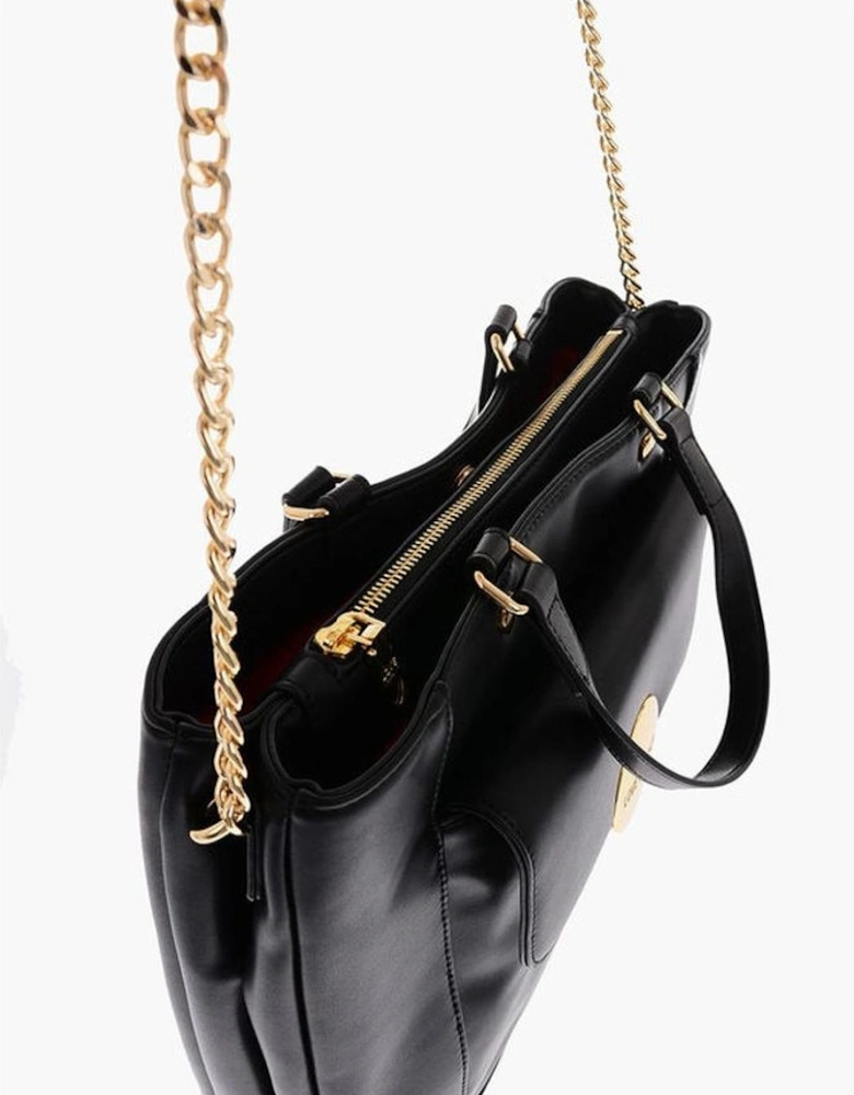 Solid Color Metal Logo Handbag with Double Handle Women - Black Tote