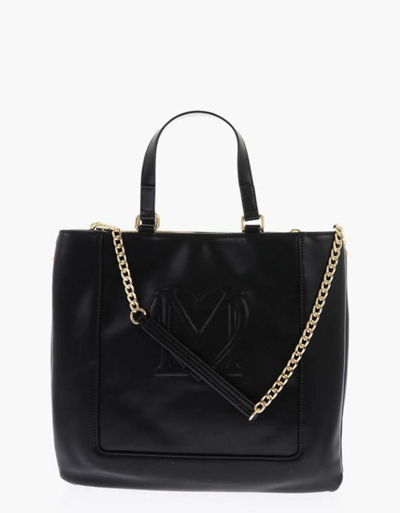 Solid Color Metal Logo Handbag with Double Handle Women - Black Tote