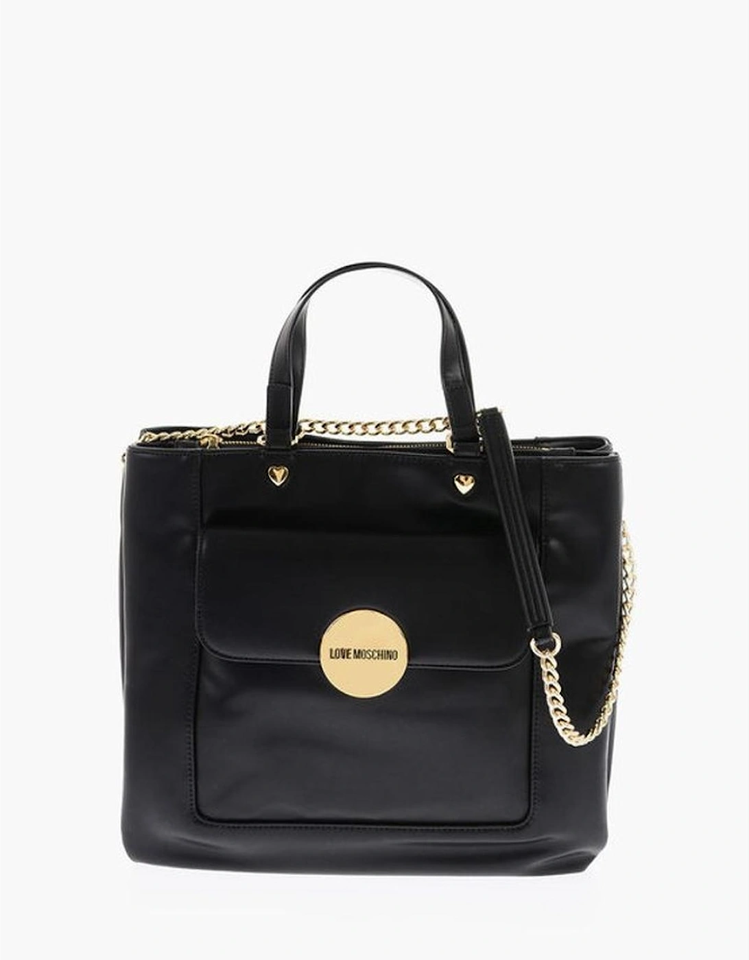 Solid Color Metal Logo Handbag with Double Handle Women - Black Tote, 6 of 5