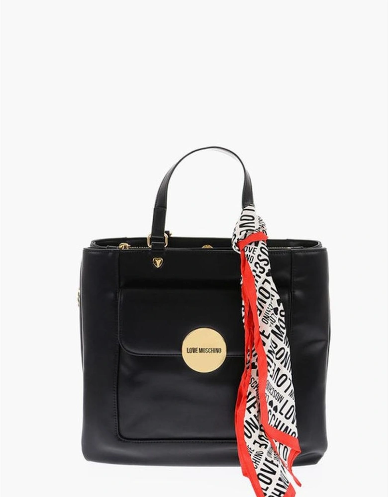 Solid Color Metal Logo Handbag with Double Handle Women - Black Tote