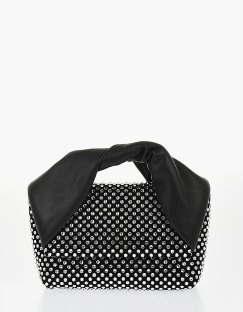 Rhinestone Leather Handbag with Removable Strap Women - Black Tote