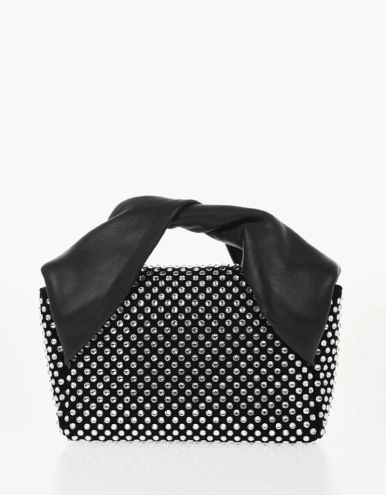 Rhinestone Leather Handbag with Removable Strap Women - Black Tote