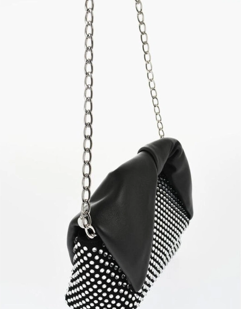 Rhinestone Leather Handbag with Removable Strap Women - Black Tote
