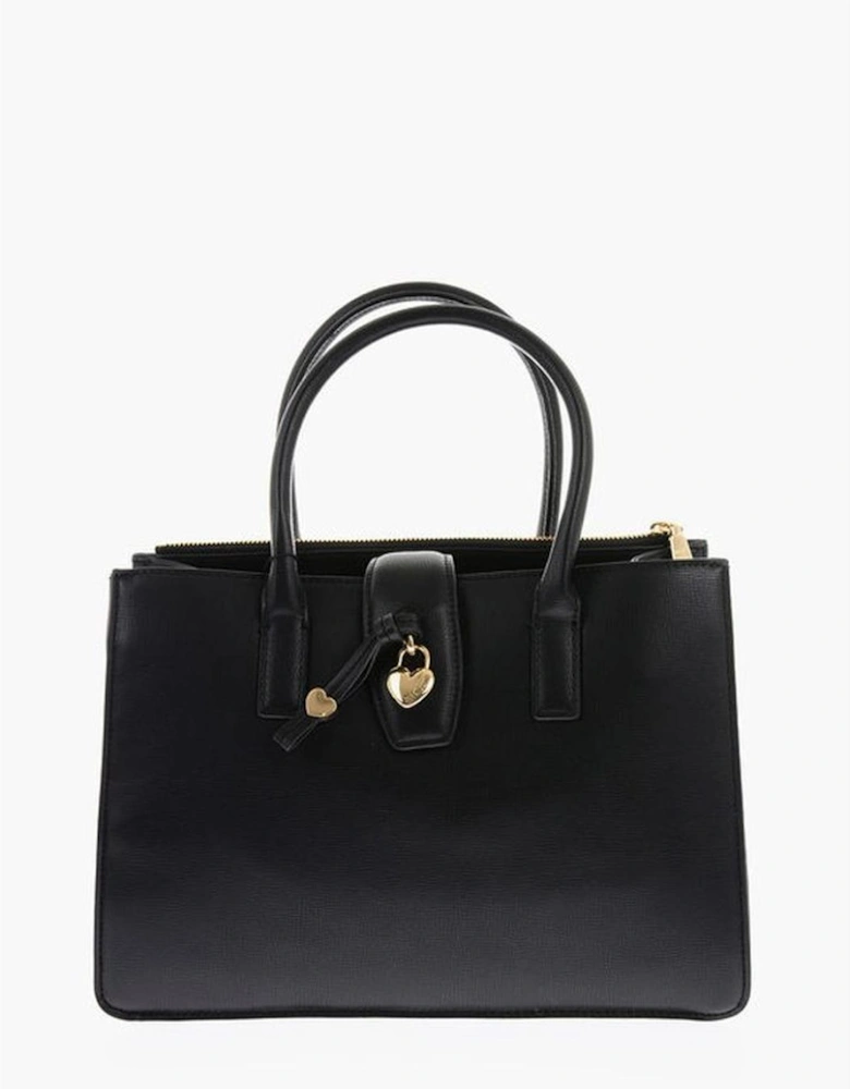 Solid Handbag with Zip Closure and Logo Women - Black Tote Bags