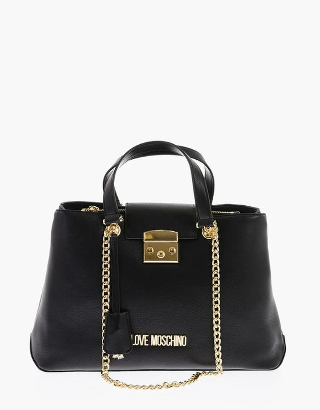 Solid Logo Shoulder Handbag with Metal Detail Women - Black Tote Bags, 5 of 4