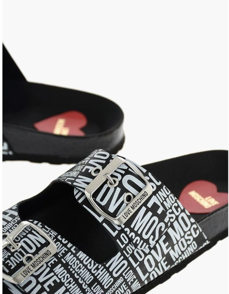Logo Print Leather Buckle Shoes Women - Black And White Sandals