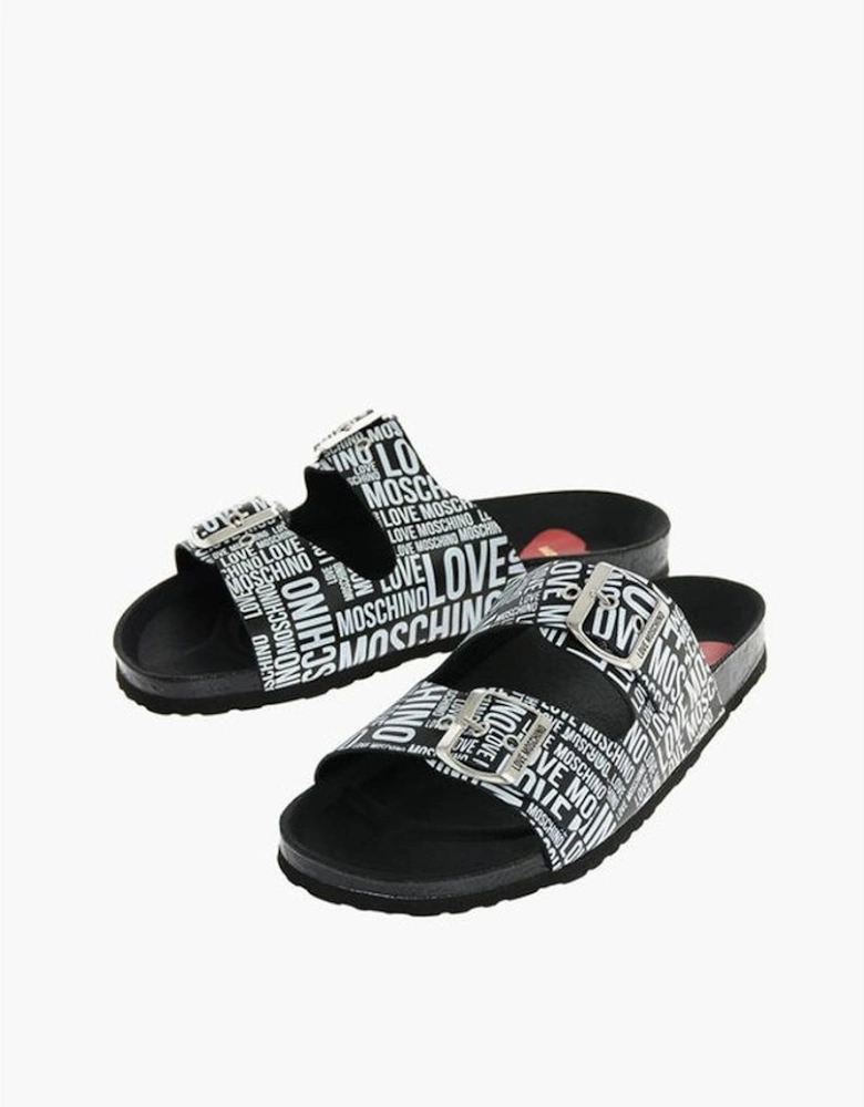 Logo Print Leather Buckle Shoes Women - Black And White Sandals