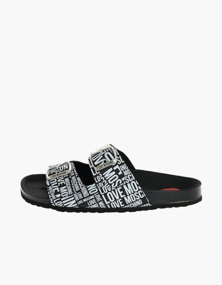 Logo Print Leather Buckle Shoes Women - Black And White Sandals