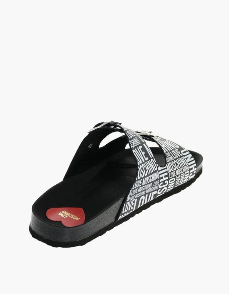 Logo Print Leather Buckle Shoes Women - Black And White Sandals