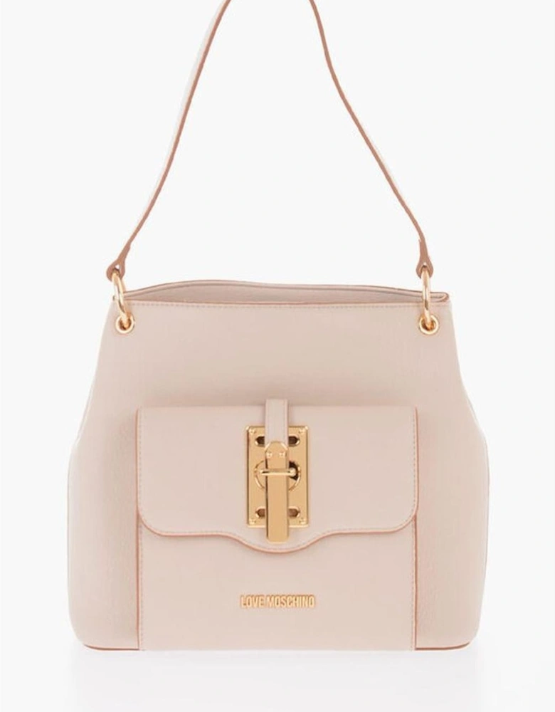 Eco-Leather Shoulder Bag with Metal Logo Women - Beige