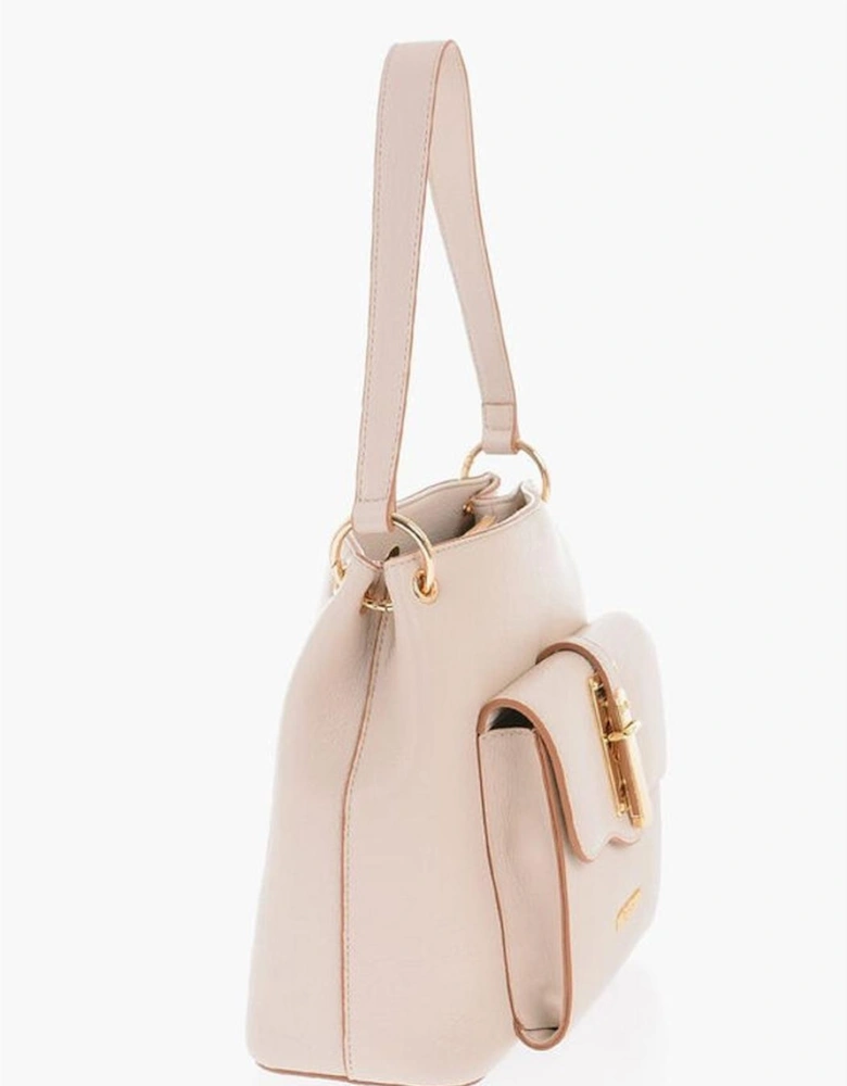Eco-Leather Shoulder Bag with Metal Logo Women - Beige