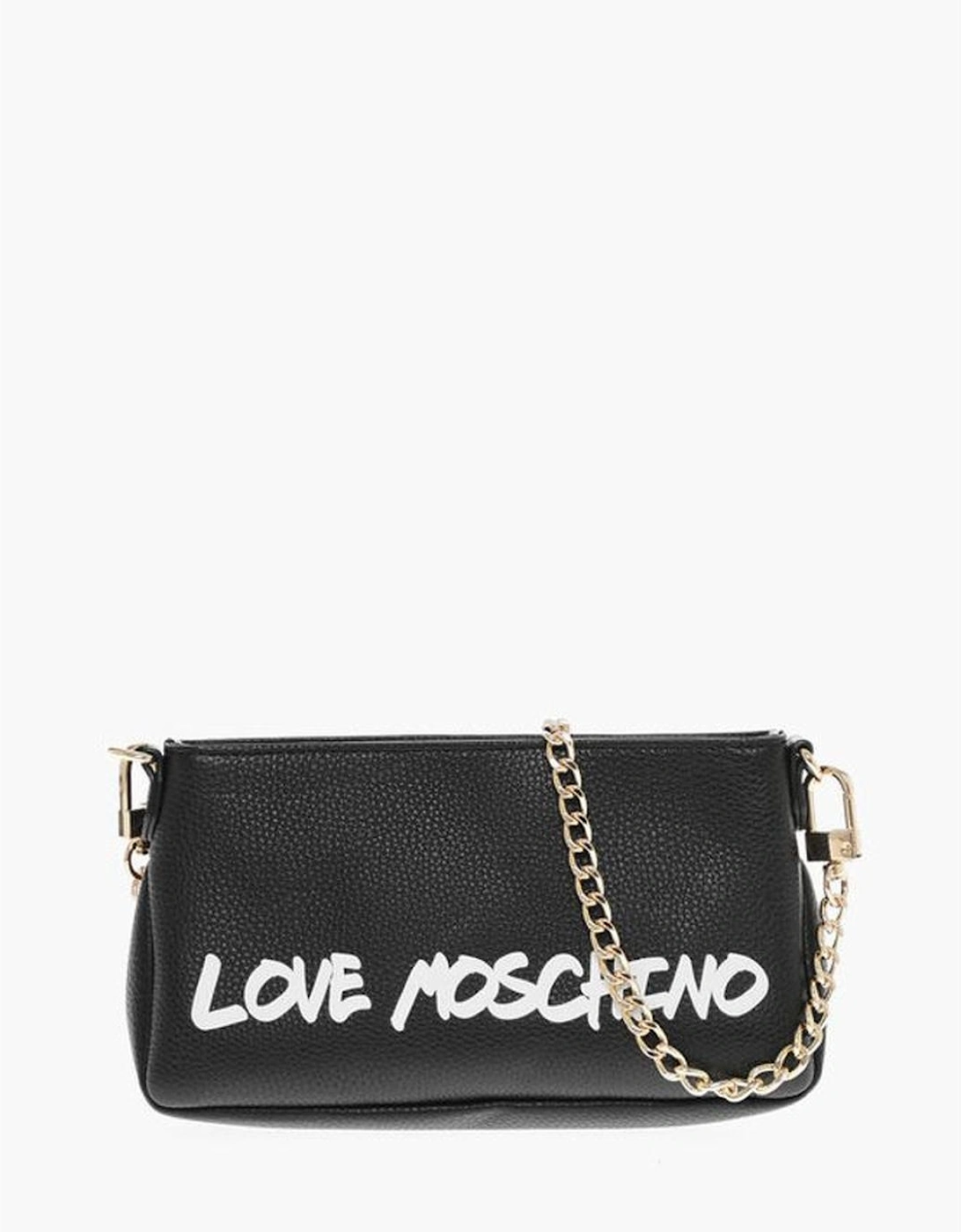 Textured Leather Shoulder Bag with Logo Print Women - Black, 6 of 5