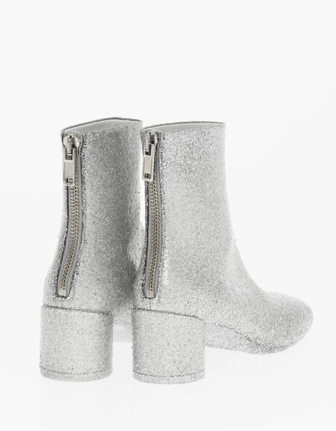 Glitter Embellished Leather Sole Heeled Shoes Women - Silver Boots