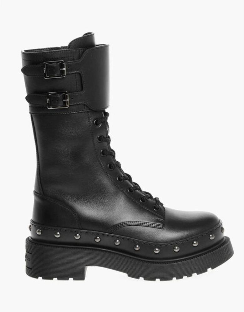 Lace-Up Buckle Ankle Boots with Studs Women - Black