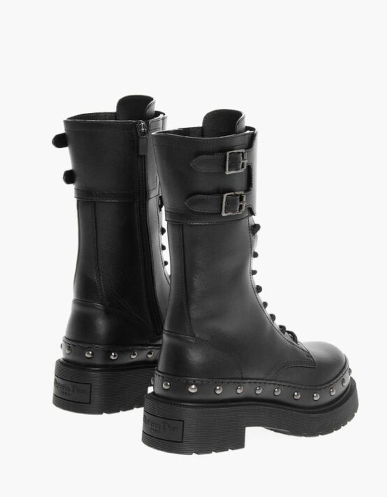 Lace-Up Buckle Ankle Boots with Studs Women - Black