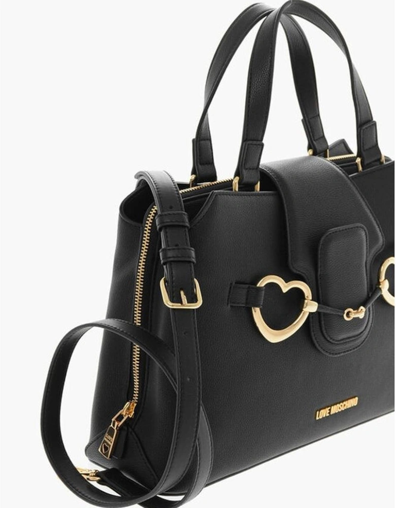 Metal Logo Handbag with Adjustable Strap Women - Black Tote Bags