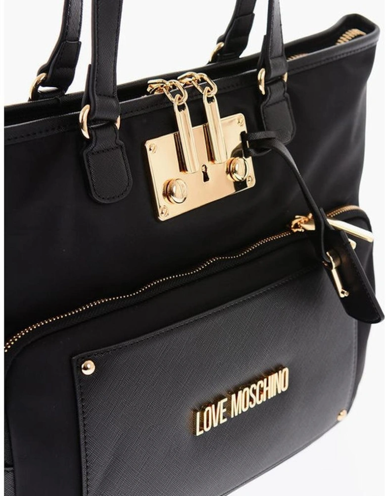 Zip Closure Solid Handbag with Logo Women - Black Tote Bags