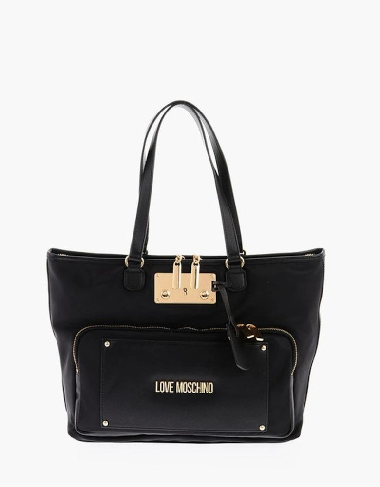 Zip Closure Solid Handbag with Logo Women - Black Tote Bags