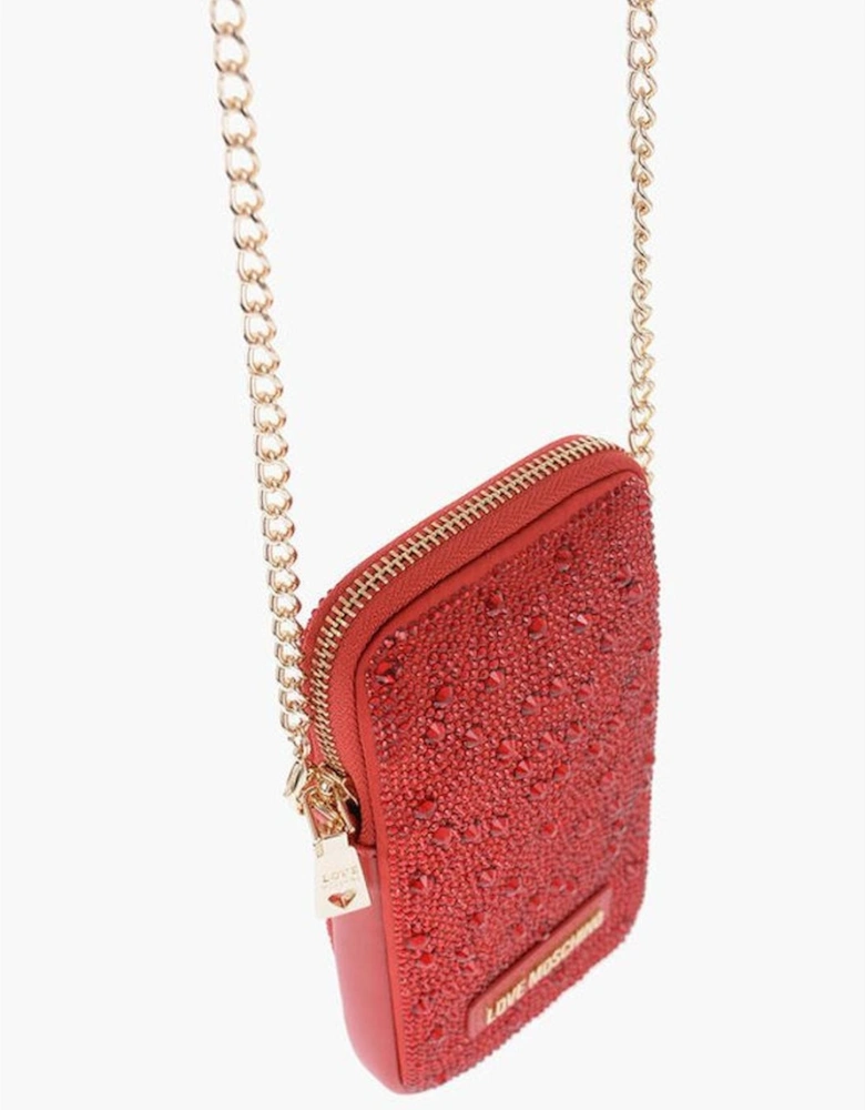 Leather Shoulder Bag with Rhinestone Detail Women - Red