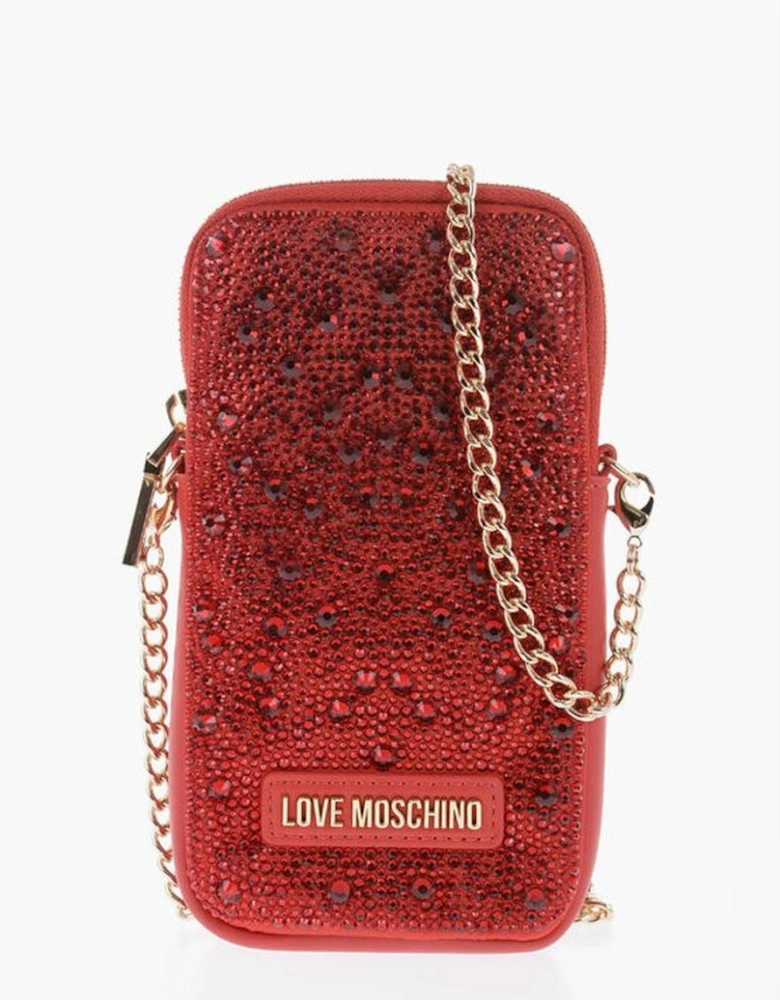 Leather Shoulder Bag with Rhinestone Detail Women - Red