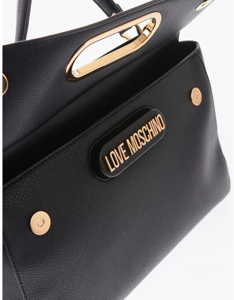 Logo Metal Eco-Leather Handbag with Adjustable Strap Women - Black