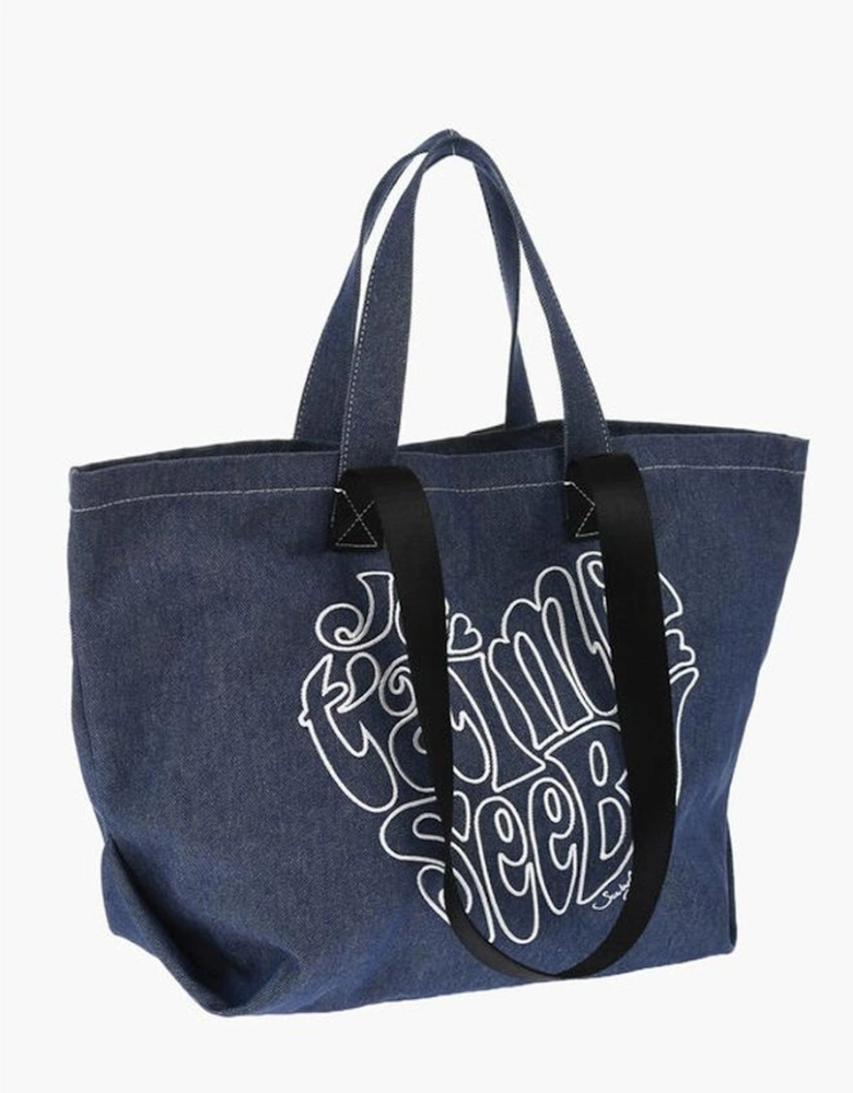 Embroidered Logo Denim Shoulder Bag Women - Blue Tote Bags